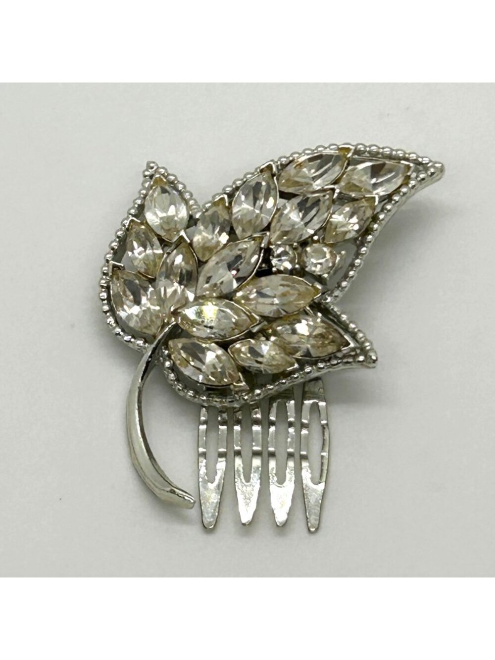 Vintage Rhinestone Hair Comb Silver Tone Leaf Bridal Headpiece Wedding Formal